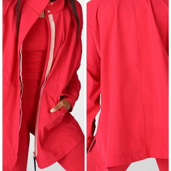 Fabletics Giana II Red Ruched Longline Windbreaker Rain Jacket Oversized Size M - Picture 2 of 10
